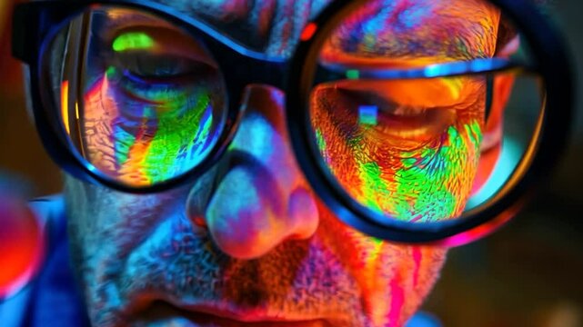Close-up, colorful face, through glasses, lab