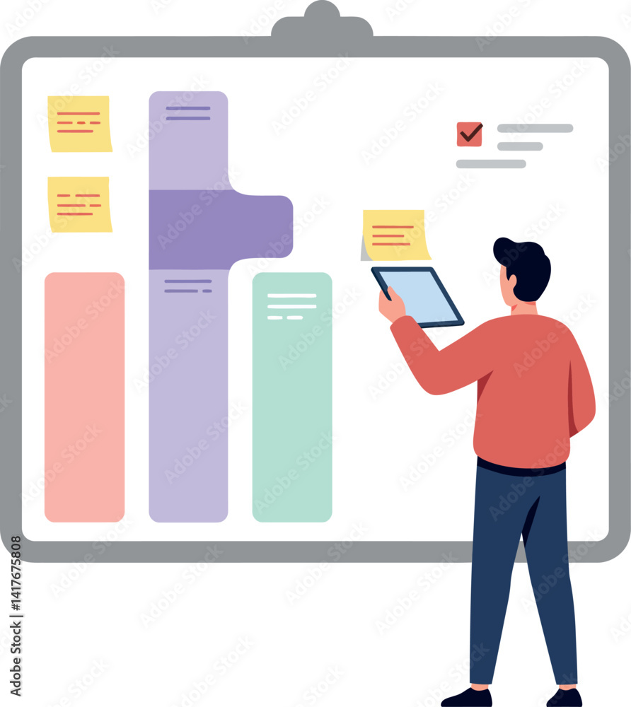 Poster man in casual clothing analyzing colorful project planning board with sticky notes in flat design ve