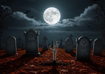 Spooky Graveyard at Night with Full Moon and Skeleton Hand