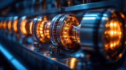 Fototapeta premium Close-up view of illuminated mechanical components in a futuristic industrial setting