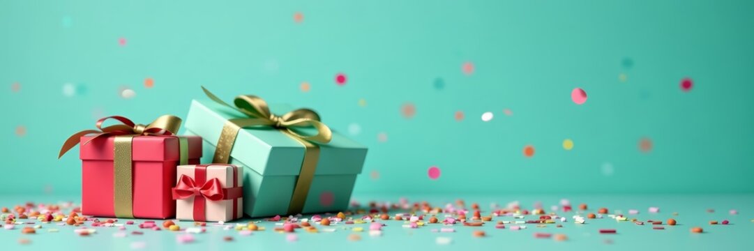 Festive gift boxes with colorful confetti on stylish teal backdrop, colorful, festive