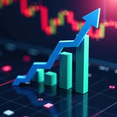 Financial chart showing upward trend with blue and green bars, growth, market