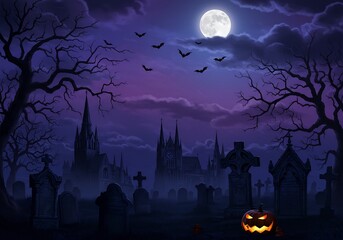 Spooky Graveyard at Night with Jack-o'-Lantern