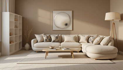 A sleek minimalist interior featuring a curved sofa, a pleated floor lamp, and a contemporary wooden coffee table