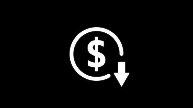 dollar down icon symbol.Dollar price collapse. Dollar price fall.Money reduction icon. Dollar currency price drop concept. circle with down arrow moving animation.