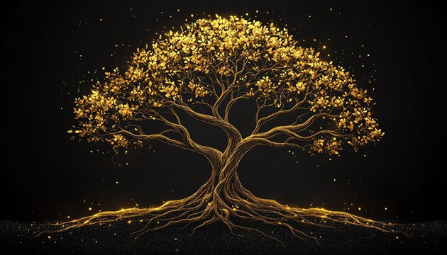 Glowing golden tree, abstract art, dark background