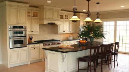 Fototapeta premium A charming cream-colored kitchen with a large island and granite countertops.