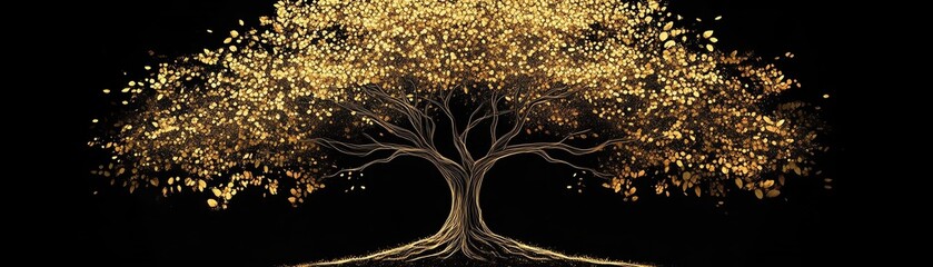 Golden tree illustration representing the Tree of Life, black background with rich contrast, handdrawn detail, sacred spiritual artwork, radiant and intricate