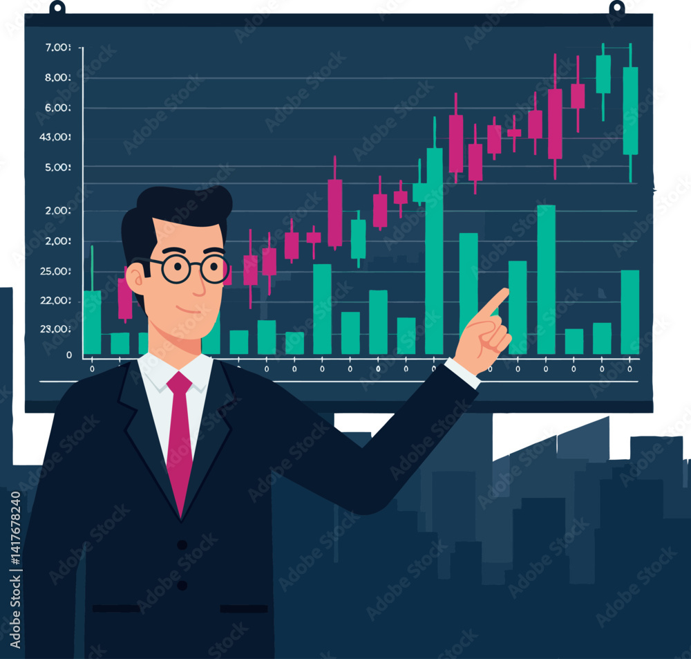 Poster businessman in suit pointing at rising financial graph with candlestick chart in flat style vector i
