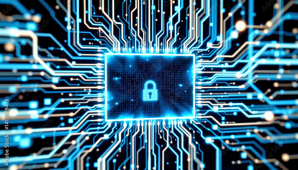 Poster digital circuit board with padlock symbol representing cybersecurity and data protection