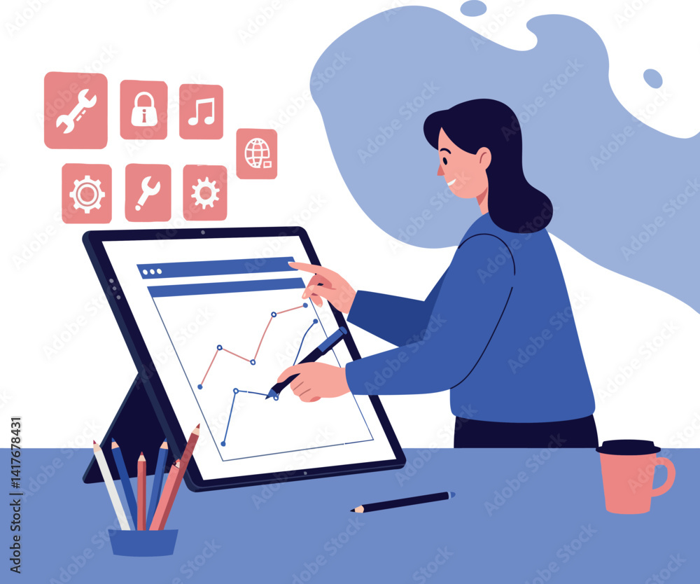 Poster businesswoman analyzing digital graph on large touchscreen display in modern flat style vector illus
