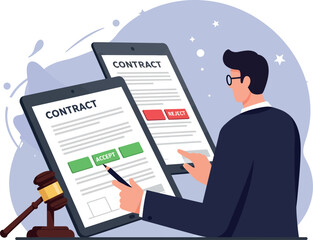 Fototapeta na wymiar Businessman reviewing digital contract documents with accept and reject options flat style vector illustration