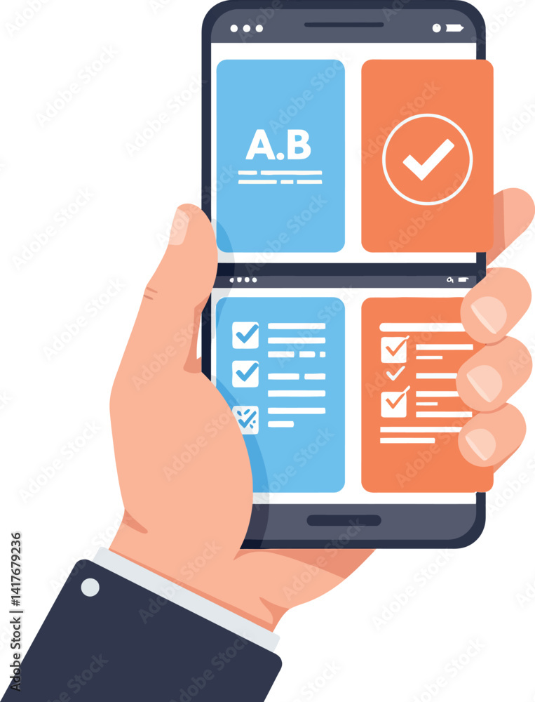Poster human hand holding smartphone with checklist and approval symbols in flat minimal style vector illus