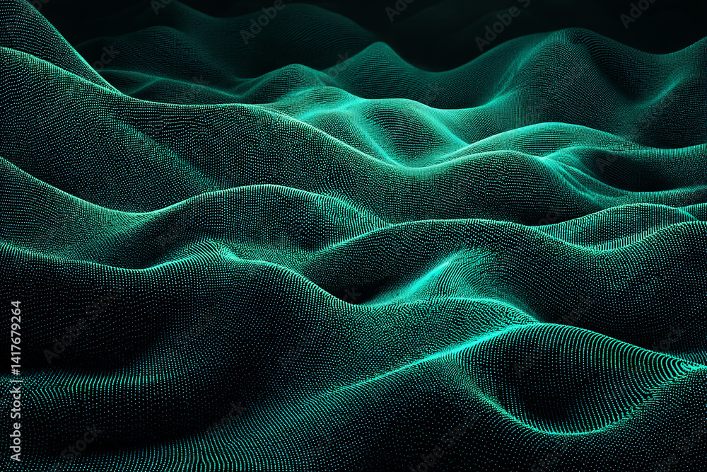 Poster abstract teal textured waves, creating a dynamic and flowing visual effect, representative of techno