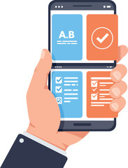 Human hand holding smartphone with checklist and approval symbols in flat minimal style vector illustration
