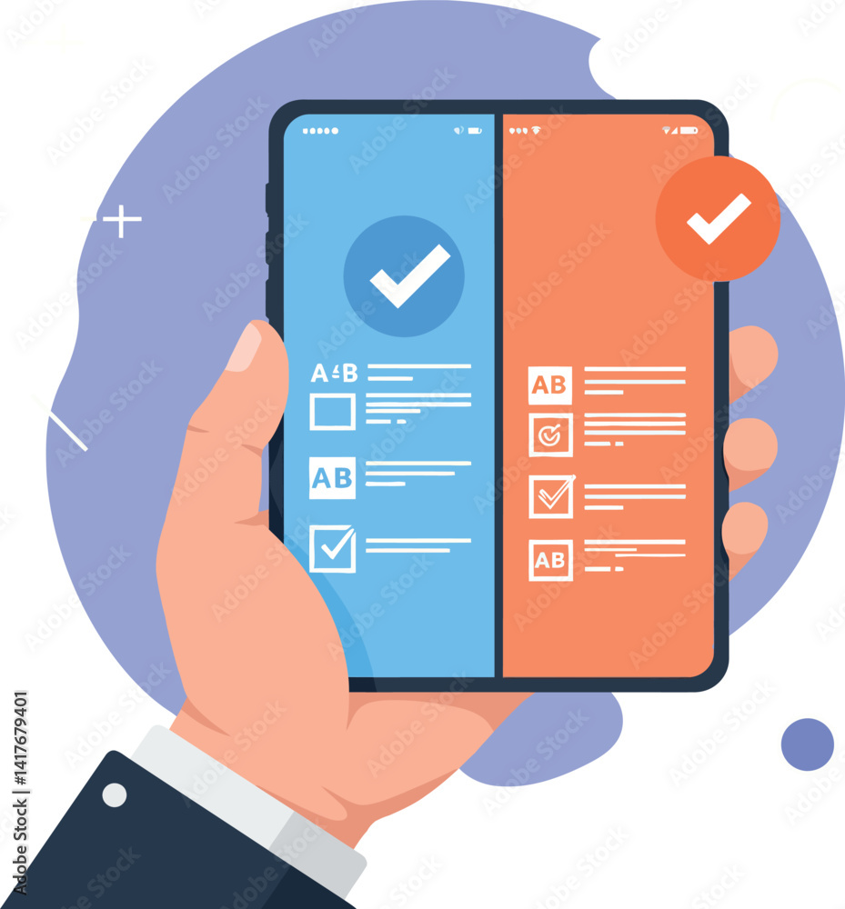 Poster hand holding smartphone with split screen showing blue and orange a b testing interface flat design 