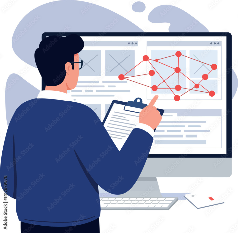 Aufkleber businessman analyzing data on computer screen with clipboard in flat modern style vector illustratio