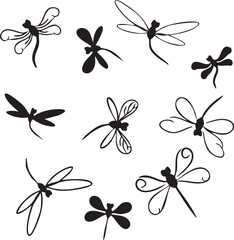 A set of insect Dragonfly  seamless vector line art 
