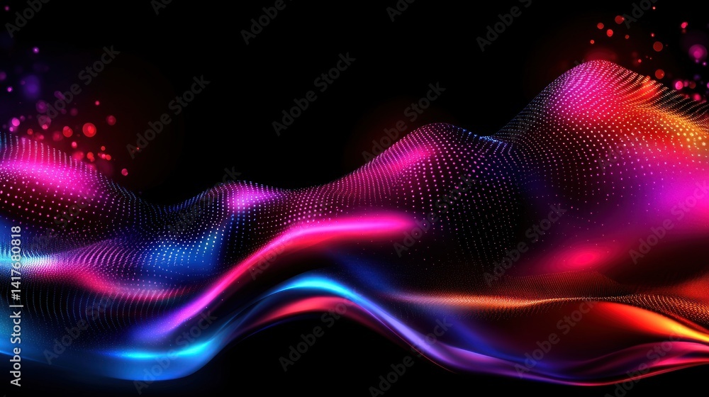 Sticker abstract vibrant wave design with glowing particles, digital background
