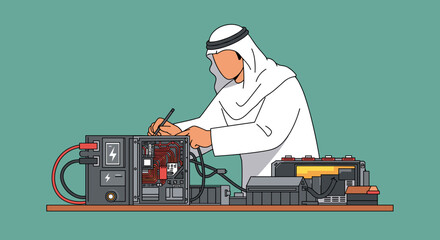 Arab Man In White Traditional Outfit Examining Computer System With Circuit Board And Power Supply On Green Background