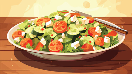 Fresh Greek Salad on Plate Vector Illustration for Culinary Designs