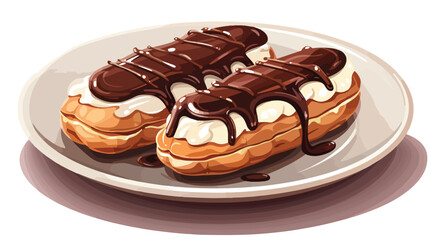 Delicious Chocolate Eclairs on Plate Close-up Vector Illustration