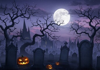 Spooky Halloween Graveyard at Night with Full Moon