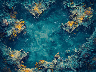 Obraz premium underwater world map, coral maze structures, glowing trenches, kelp forests and submerged ruins, fantasy marine style