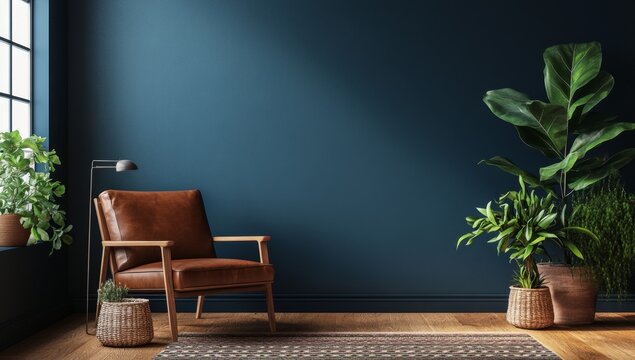 Modern living room with deep teal wall, armchair, and plants