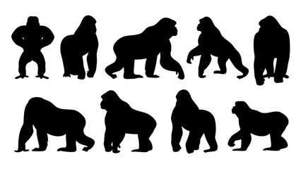 set of gorilla silhouette vector on white background