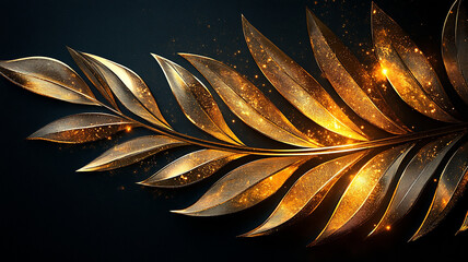 Golden Laurel Branch: An elegant golden laurel branch, radiating a sense of triumph and achievement, poised against a dark backdrop. Embodying prestige and victory.