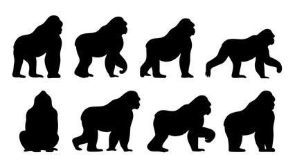 set of gorilla silhouette vector on white background