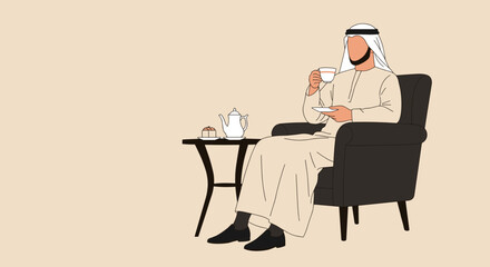 Arabian Man Enjoying Tea While Relaxing on a Black Armchair with Beige Traditional Attire in a Minimalistic Illustration