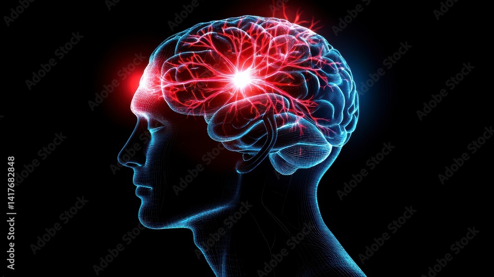 Poster glowing human brain with intense neural activity, highlighting a specific area.