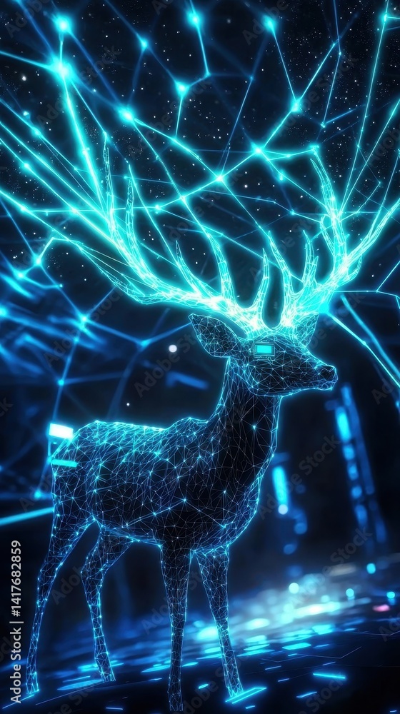 Poster a futuristic deer illuminated with blue light, surrounded by a network of glowing lines, creating a 