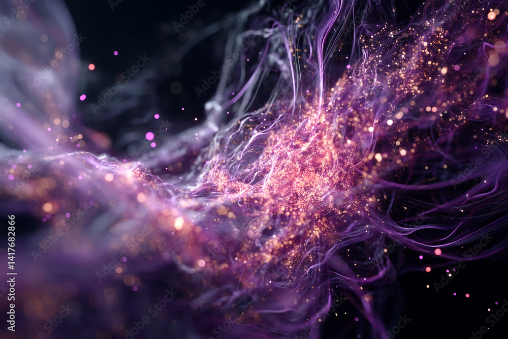 Poster abstract image of purple and gold particles swirling, creating a dynamic and ethereal effect, showca