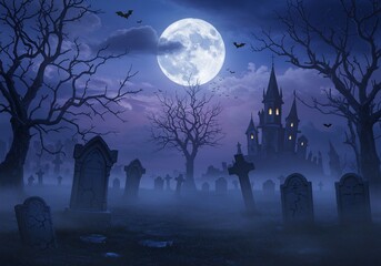 Fototapeta premium Spooky Halloween Graveyard with Castle and Full Moon