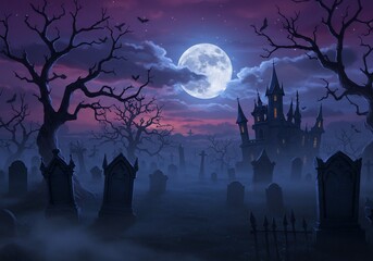 Spooky Halloween Graveyard with Castle and Full Moon