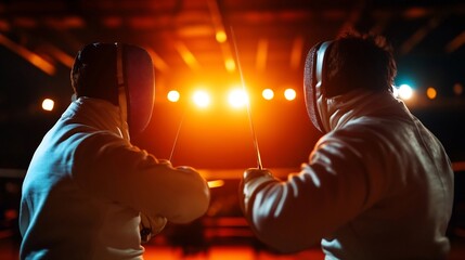 Two fencers face off in a dramatic arena.