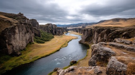 River flows through canyon with cliffs and fields landscape in Iceland