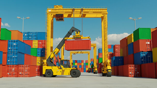 Forklift Handling Cargo Shipping Container Box in Logistic Shipping Yard and Port