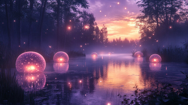 Mystical bioluminescent jungle with glowing orbs floating above a still reflective pool surreal flora in deep purples and teals evoking magic hidden realms and the mystery of untouched nature