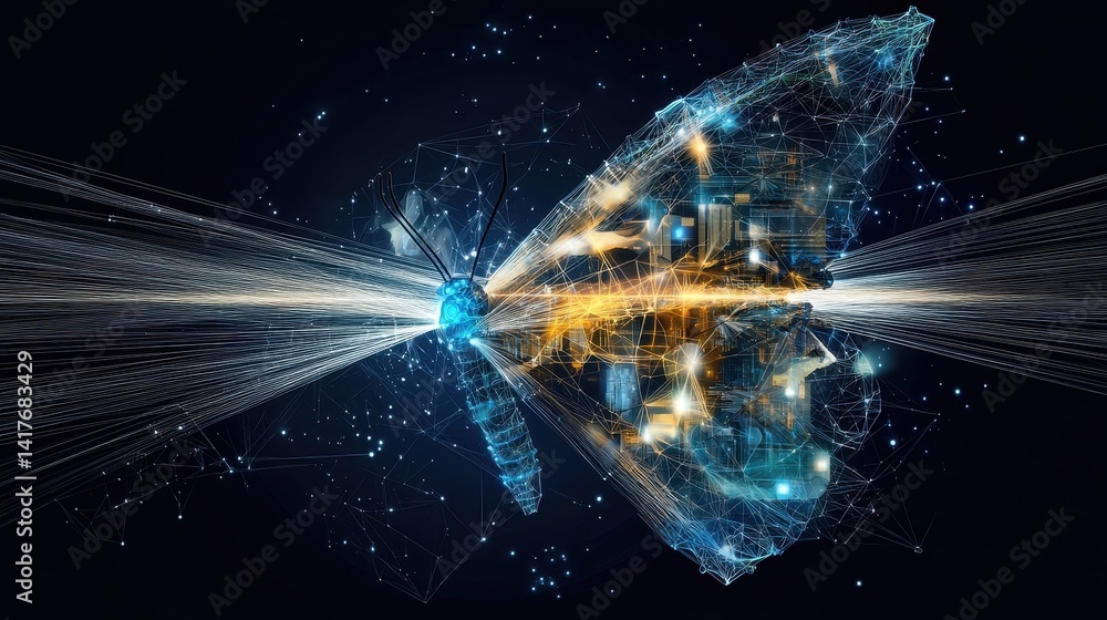 Aufkleber a digital butterfly formed from lines of light and circuitry, symbolizing technology and transformat
