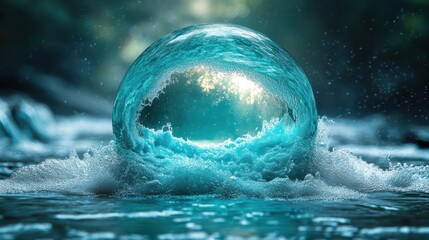 Enchanted sphere nestled within a turquoise wave