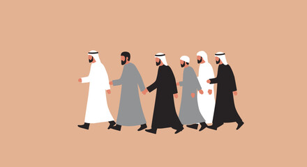 Obraz premium Group Of Men In Traditional Attire Walking On A Brown Background In A Line Formation Simple Flat Illustration