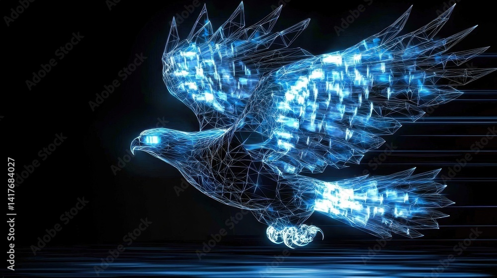 Poster a digital representation of a soaring eagle, created with glowing geometric patterns, symbolizing sp
