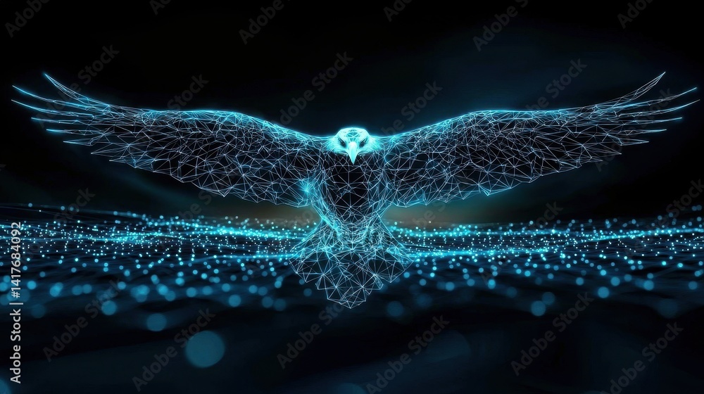 Poster a digital depiction of a hawk soaring, created using glowing lines and points, conveying an impressi