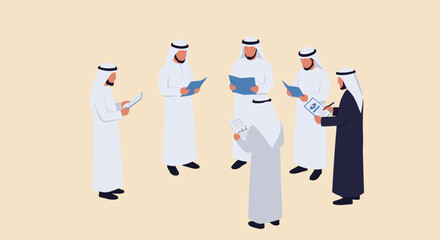 Group Of Men In White Traditional Garb Involved In Discussion With Documents
