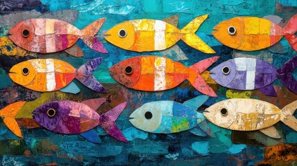 Fototapeta premium Colorful Paper Fish Art on Abstract Blue Background for Wall Decor and Creative Spaces