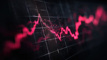 Fototapeta premium Digital data display with glitch-style red chart plummeting on black-charcoal grid, neon accents, pixel diffusion, 4K ultra-HD contrast, minimalist background and dramatic studio lighting.